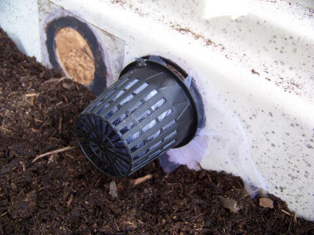 Nylon mesh between two net pots to keep dirt from clogging drain hole.